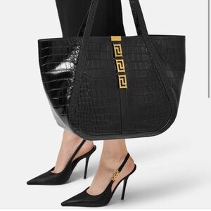 Versace Large Greca Goddess Black Croc-Embossed Tote Bag